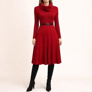 Red knit Cowl Neck Romantic Feminine Sz-S Sweater Dress Old Money Minimalist